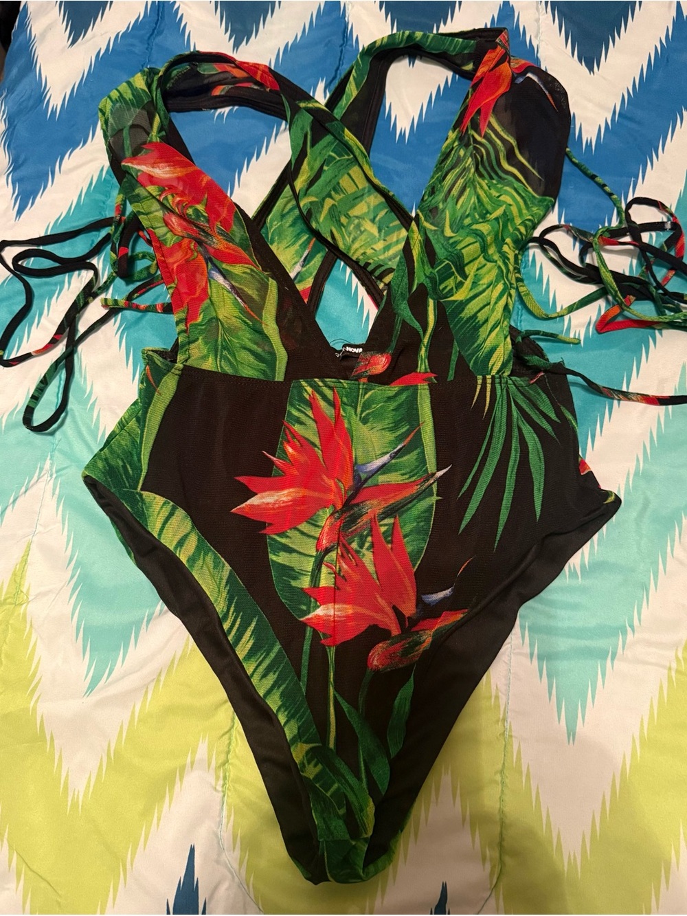 Fashion Nova Black One-Piece Swimsuit with Green Leaves & Red Floral Print